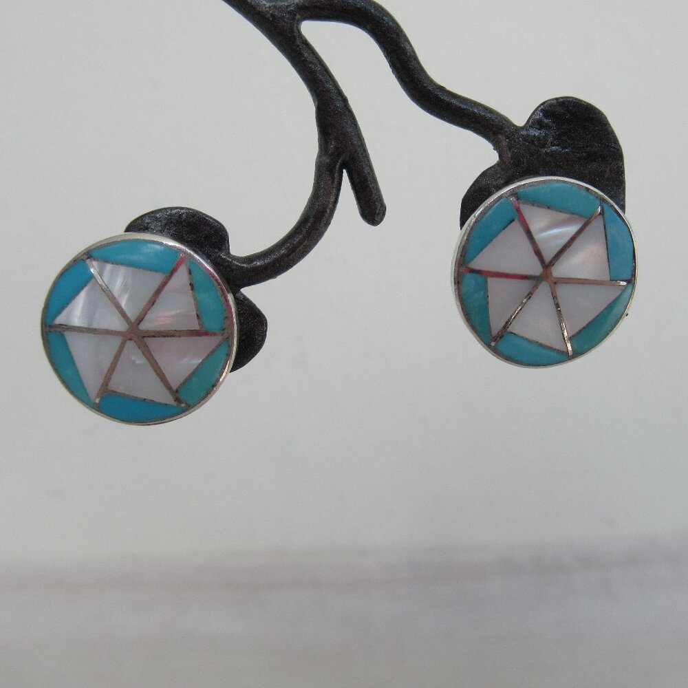 Zuni Designer DC Sterling Mother of Pearl Turquoise Inlay Clip On Earrings 0.75"